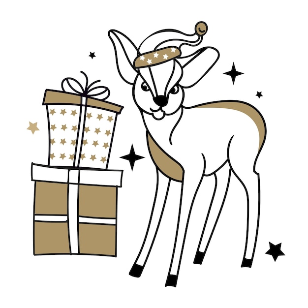 The Christmas character is a deer in black and gold Vector illustration