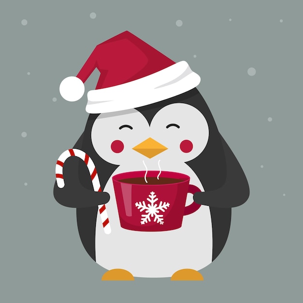 Рождественский пингвин в шляпе с чашкой горячего какао и леденцом на палочке в лапах
