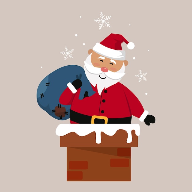 Christmas character santa claus descending down the chimney with a bag of gifts