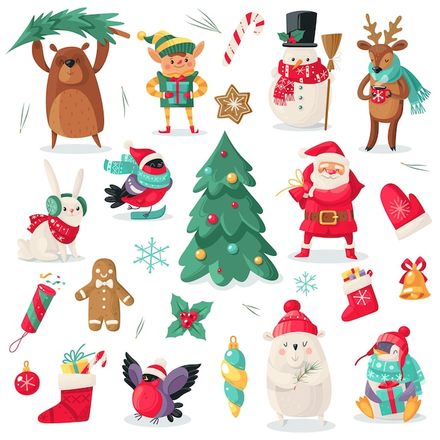 Christmas characters. cartoon animals bullfinch, bear, rabbit and penguin, xmas gift. santa and snowman, holiday tree, elf and deer new year vector isolated set