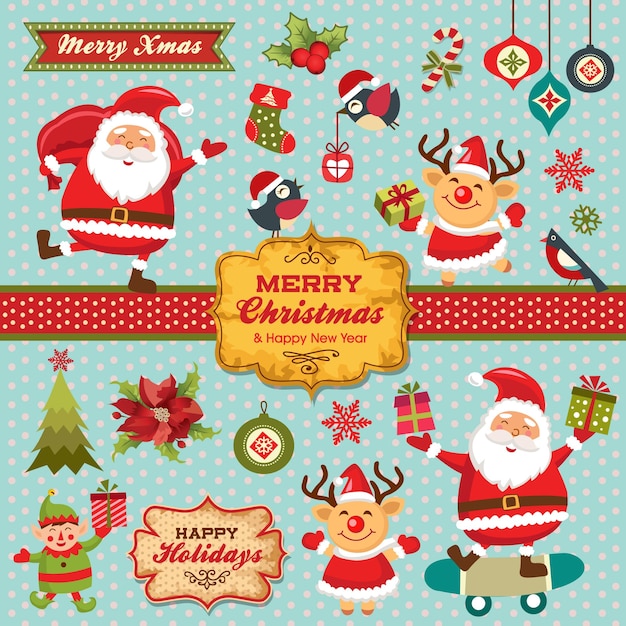 Christmas characters, labels, icons elements collection