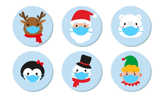 Vector christmas characters in protective face mask