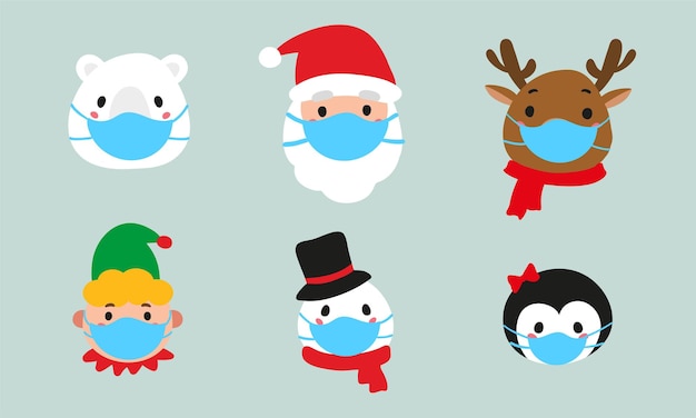 Vector christmas characters in protective face mask