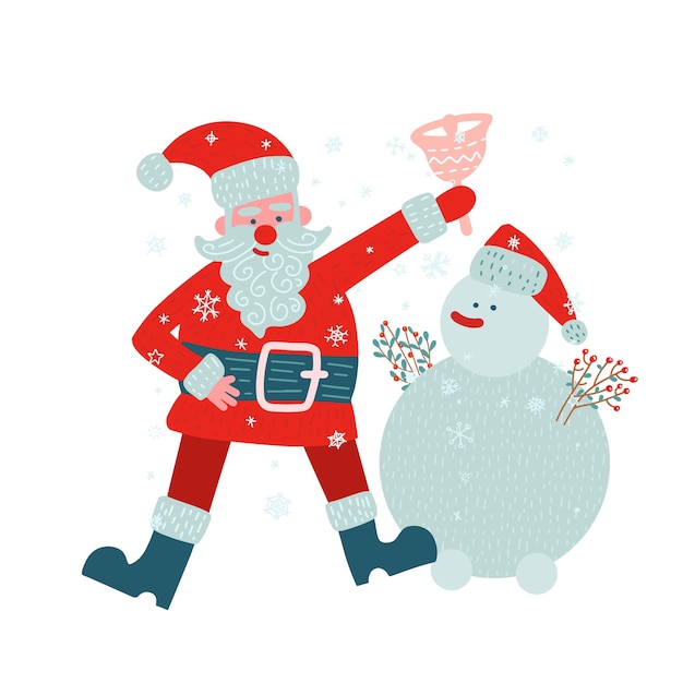 ベクトル クリスマスのキャラクターのサンタクロースは、彼の友人の雪だるま新年あけましておめでとうございます隔離とベルを鳴らしています...