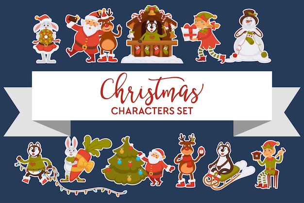 Christmas characters santa clause animals and elves snowman