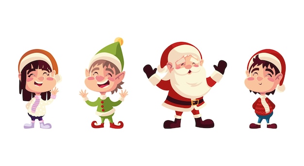 Vettore personaggi natalizi santa helper ragazzo e ragazza con illustrazione di cappelli