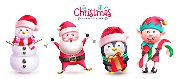 Christmas characters set vector design Christmas character like santa claus snow man penguin