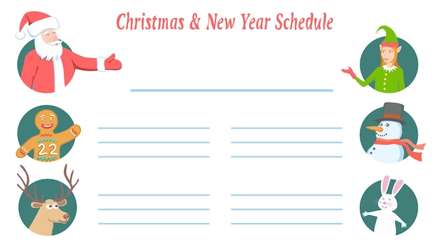 새해 휴일을 위한 양식화된 시간표 또는 메뉴 일정의 크리스마스 캐릭터
