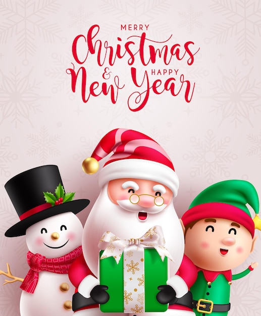 Christmas characters vector poster design Merry christmas and happy new year greeting text