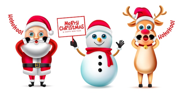 크리스마스 문자 벡터 세트입니다. 산타클로스, 순록, 눈사람이 들고 있는 크리스마스 캐릭터.