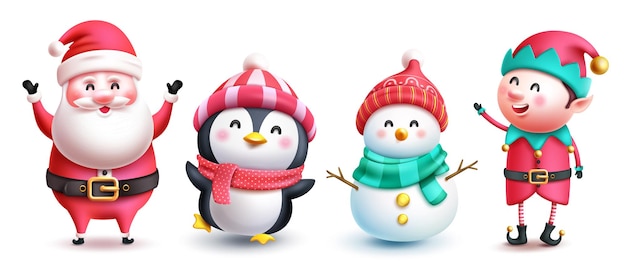 クリスマスの文字ベクトル セット デザイン クリスマス サンタ クロース ペンギン 雪だるまとエルフの漫画