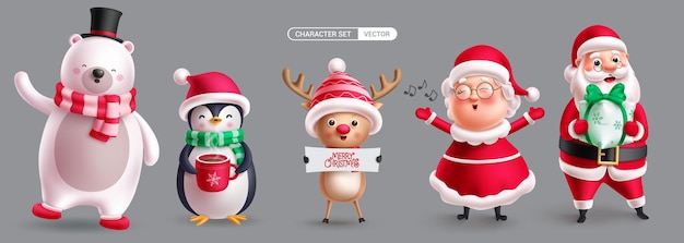 クリスマスのキャラクター ベクトルセットデザイン サンタクロースがプレゼントを手に 歌うミセス・クロースの鹿