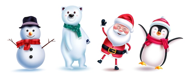 Personaggi di natale scenografia vettoriale. babbo natale, pupazzo di neve, pinguino e orso polare natale 3d.