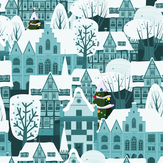 Christmas City Winter seamless pattern European old architecture houses trees snow