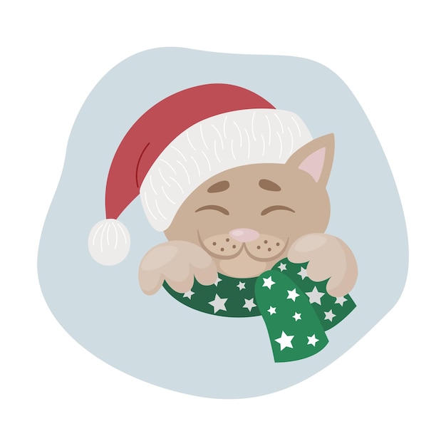 Christmas clip art with a cat head in cartoon style vector illustration