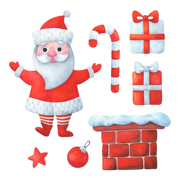 サンタクロース、ギフト、キャンディー、星、煙突、赤い色のクリスマスクリップアート。