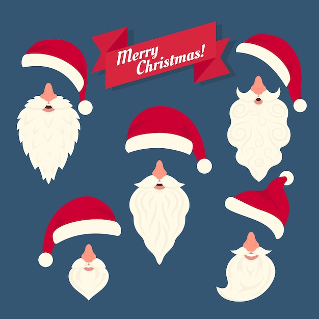 Vector christmas clothes collection of different santas hats with nose and funny white beards. christmas elements in flat style for the celebrating mask on the face