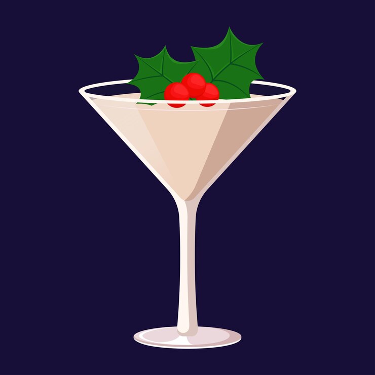 Vector christmas cocktail in martini glass with mistletoe