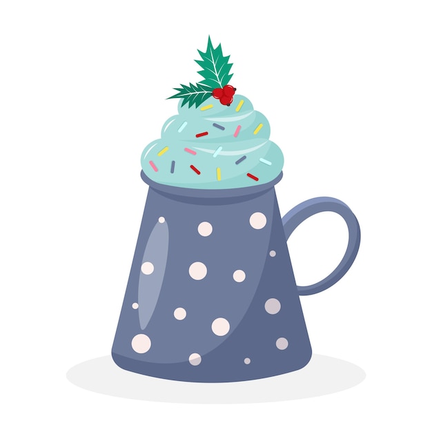 Рождественская кофейная кружка со взбитыми сливками и ягодами падуба милый горячий напиток на белом фоне