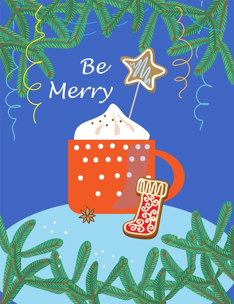 クリスマス コーヒー カップ 休日のデザイン 手描きスタイル ベクトル イラスト メリー クリスマス 新年