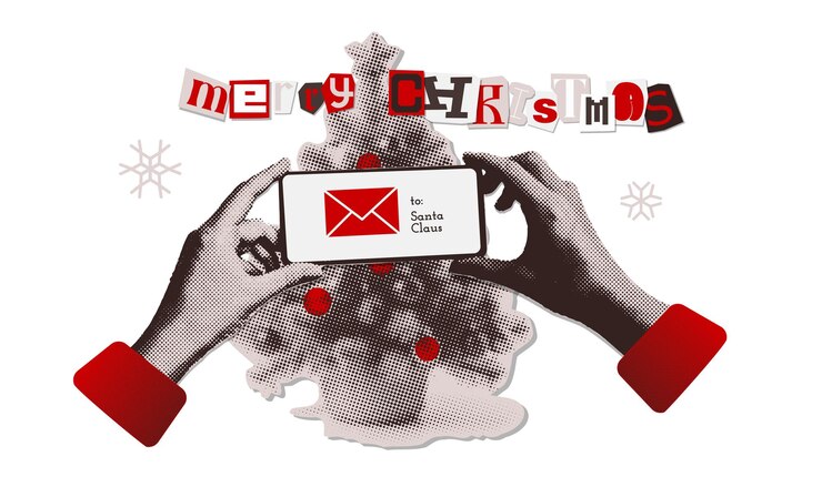 Vector christmas collage for holiday decoration halftone hands holding smartphone with santa claus letter