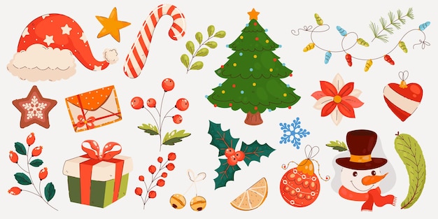 Vector christmas collection of elements in hand drawn modern style xmas decorations santa hat christmas