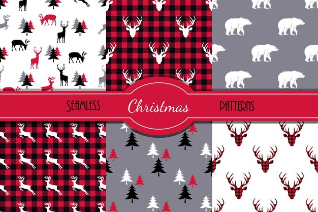 Christmas collection vector seamless patterns with deers bears and with fir trees