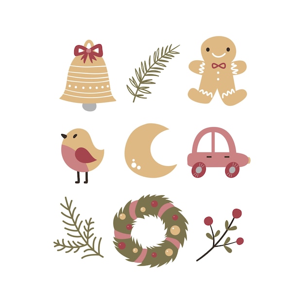 Collezione natalizia con simboli natalizi tradizionali ed elementi decorativi icone delle vacanze di natale