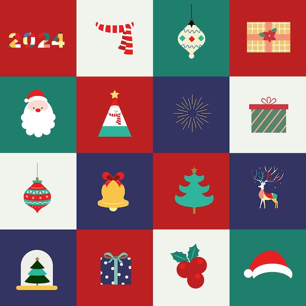 Christmas color flat icon with santatreegiftbelleditable vector illustration for postcard