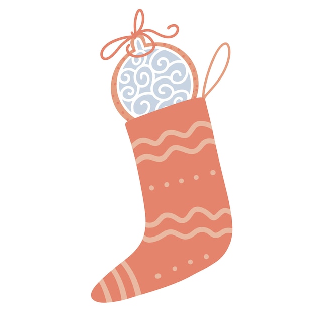 Рождественский красочный носок с пряничным печеньем внутри красного полосатого чулка, изолированный элемент клипарт ...