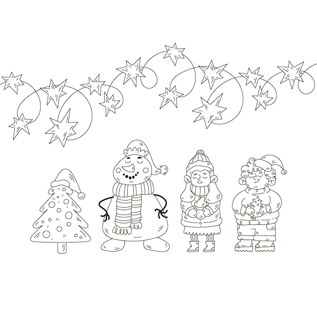 Vector christmas coloring book page with cute characters boy girl snowman and xmas tree in doodle style