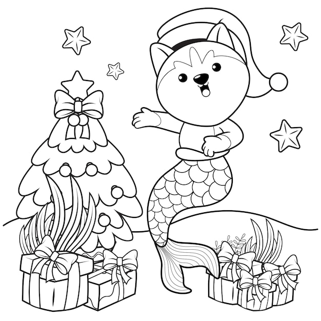 Christmas coloring book with cute husky mermaid