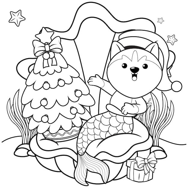 Christmas coloring book with cute husky mermaid