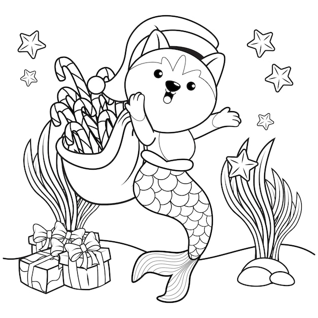 Christmas coloring book with cute husky mermaid