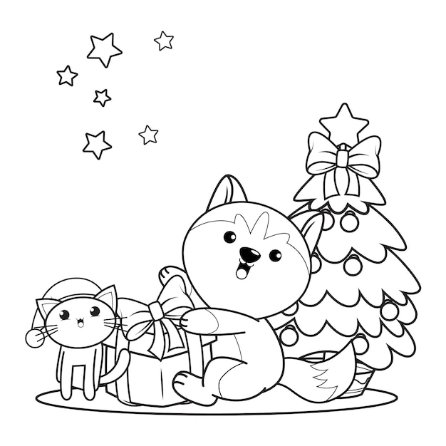 かわいいハスキー12のクリスマスの塗り絵