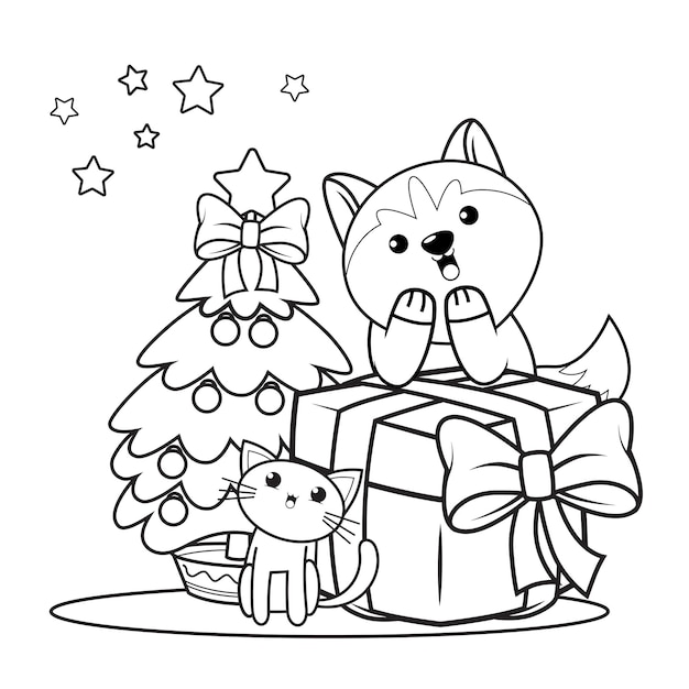 かわいいハスキー5のクリスマスの塗り絵