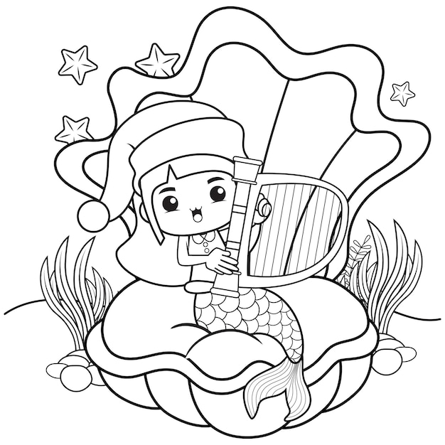 Christmas coloring book with cute mermaid girl