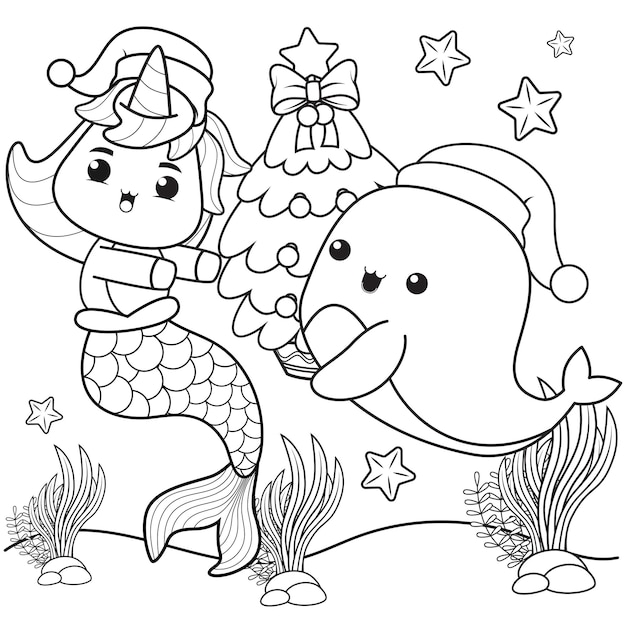 Vector christmas coloring book with cute unicorn mermaid