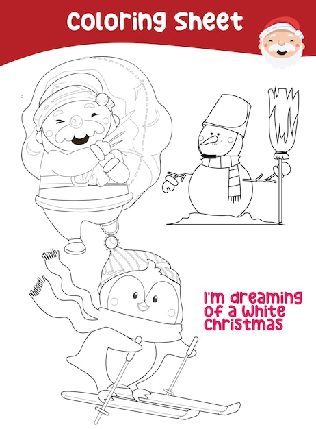 Christmas coloring page. Cute and funny cartoon characters. Coloring game for preschool children.