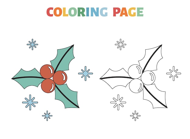 Christmas coloring page with holly berries and leaves