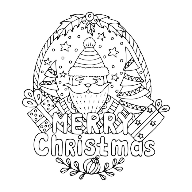 Christmas coloring page with santa claus in the style of a doodle