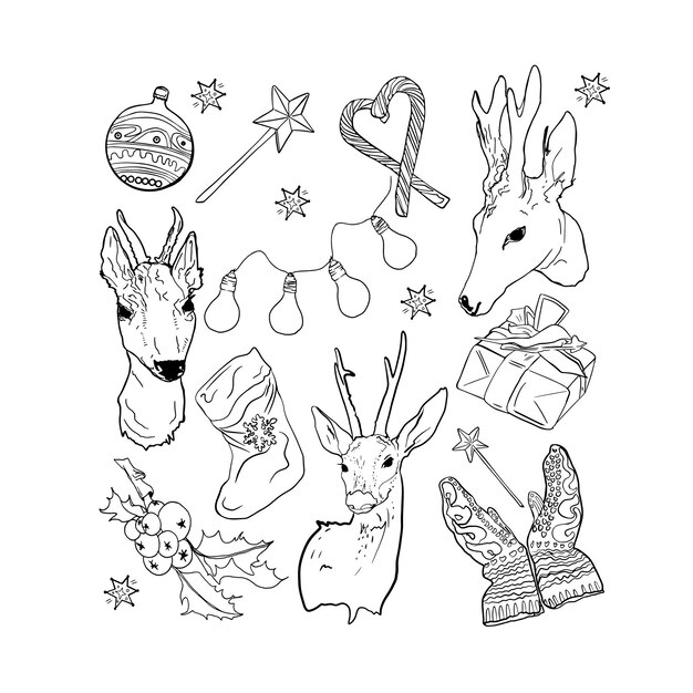 Vector christmas colouring pages from christmas elements animals and other decorations new year's