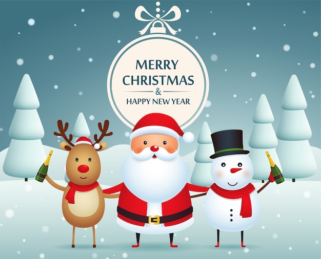 Christmas companions, santa claus, snowman and reindeer  with champagne on a snow-covered background with Christmas trees. Merry christmas and happy new year.