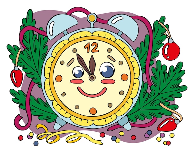 Christmas composition Cute clock fir branches with decorations Hand drawn vector illustration Happy holiday