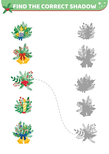 Composizione di natale trova l'ombra corretta gioco di abbinamento ombra vettore di cartone animato