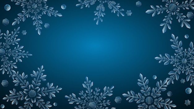 Christmas composition of large complex transparent snowflakes in light blue colors on dark gradient background