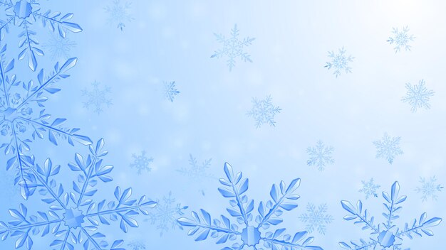 Christmas composition of large complex transparent snowflakes in light blue colors on gradient background. Transparency only in vector format