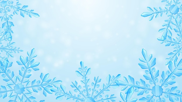 Vector christmas composition of large complex transparent snowflakes in light blue colors on gradient background. transparency only in vector format