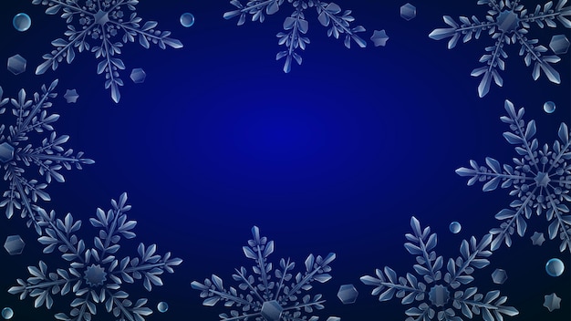 Рождественская композиция из больших сложных прозрачных снежинок светло-голубого цвета на темном градиентном фоне