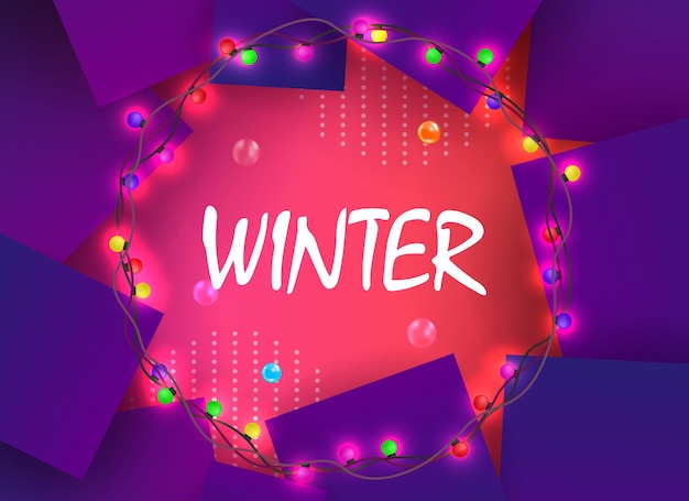 Christmas composition of a pink shade with violet squares a round wreath with burning color bulbs